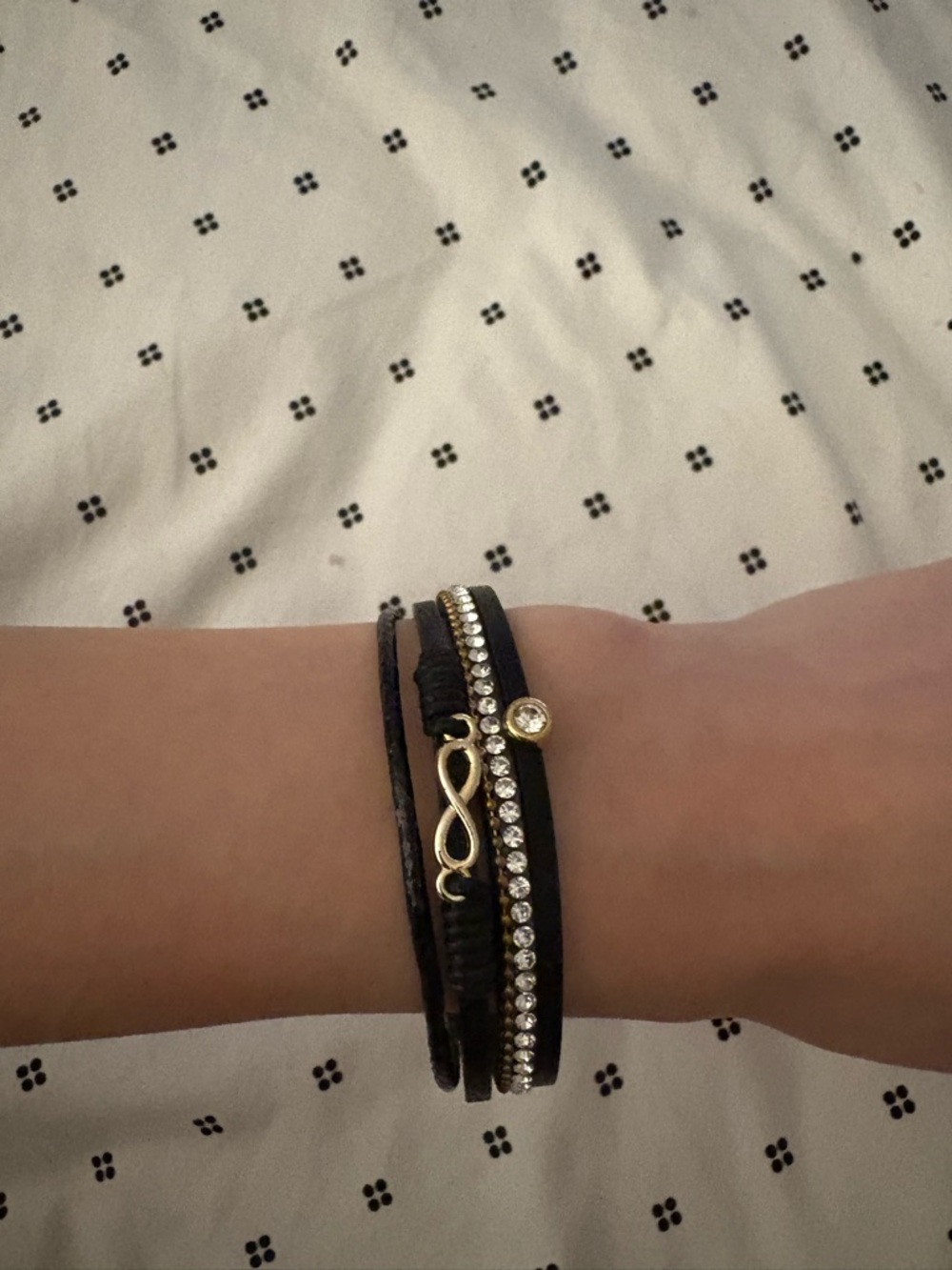 Black Multi-Strand Infinity Wrap Leather Bracelet with Crystal Accents